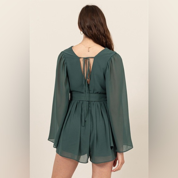 36B. Plunging Neck Line Bell Sleeve Romper - Green - Picture 5 of 5